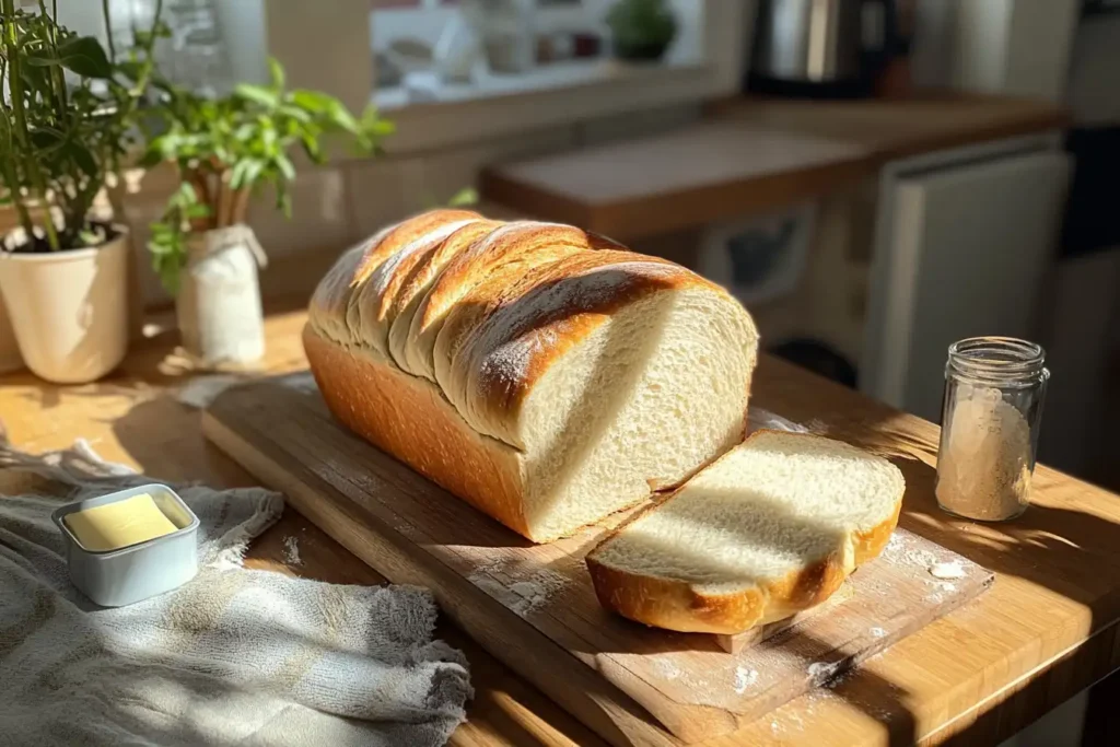 Freshly baked loaf of sandwich bread on a wooden counter with ingredients like flour and butter, sunlight streaming through a kitchen window.