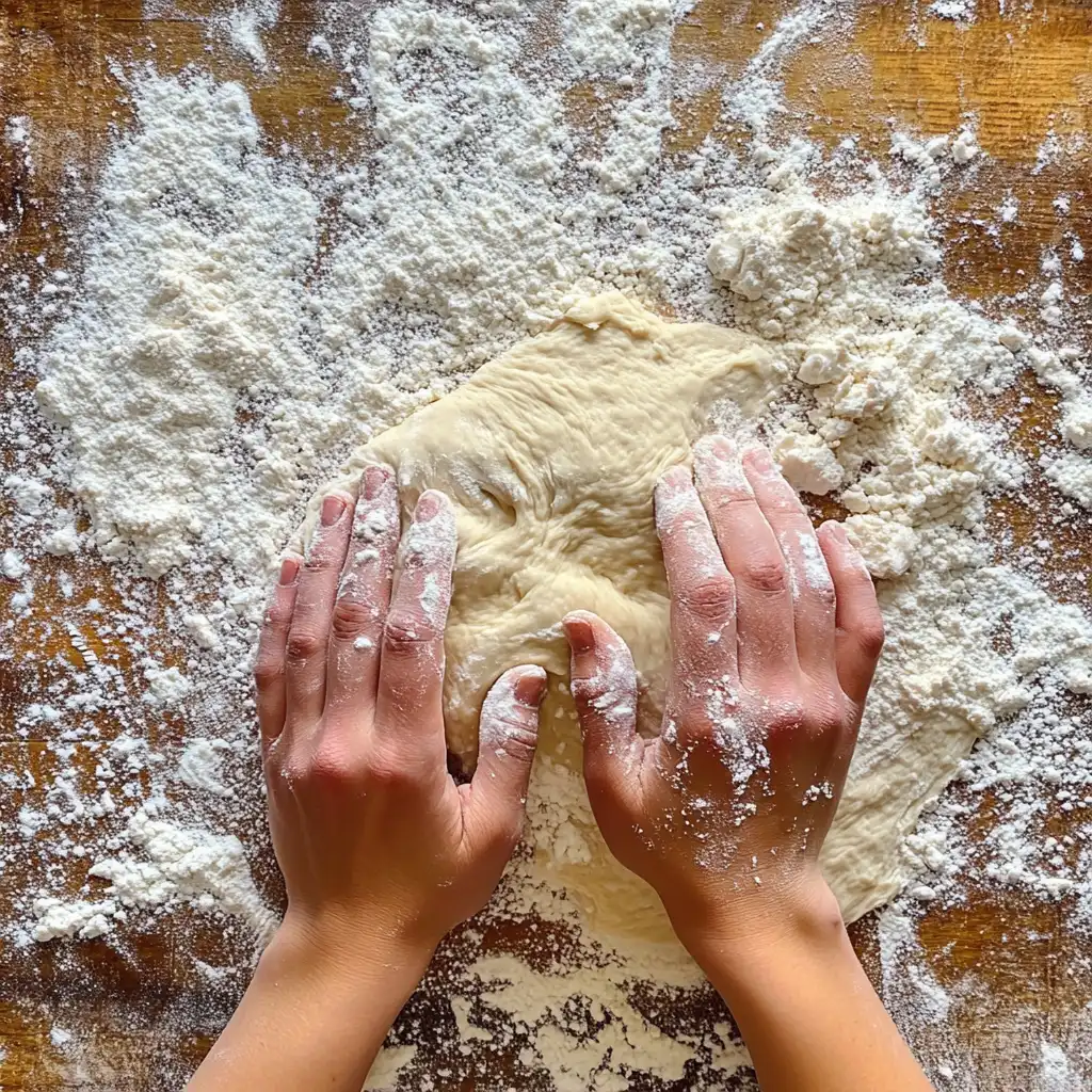 Hands kneading soft dough on a floured surface, preparing sandwich bread.