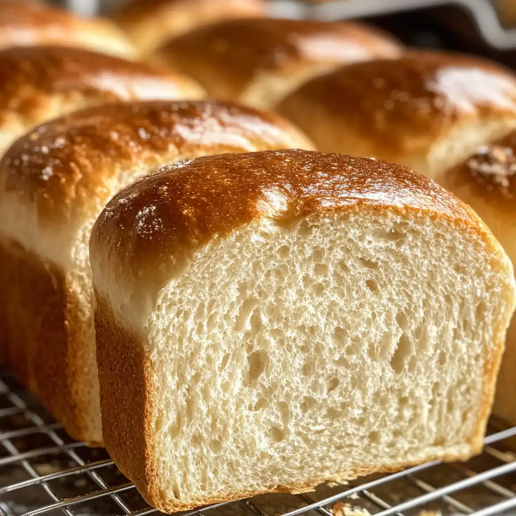 A freshly baked loaf of sandwich bread cooling on a wire rack, with a golden crust and soft interior.