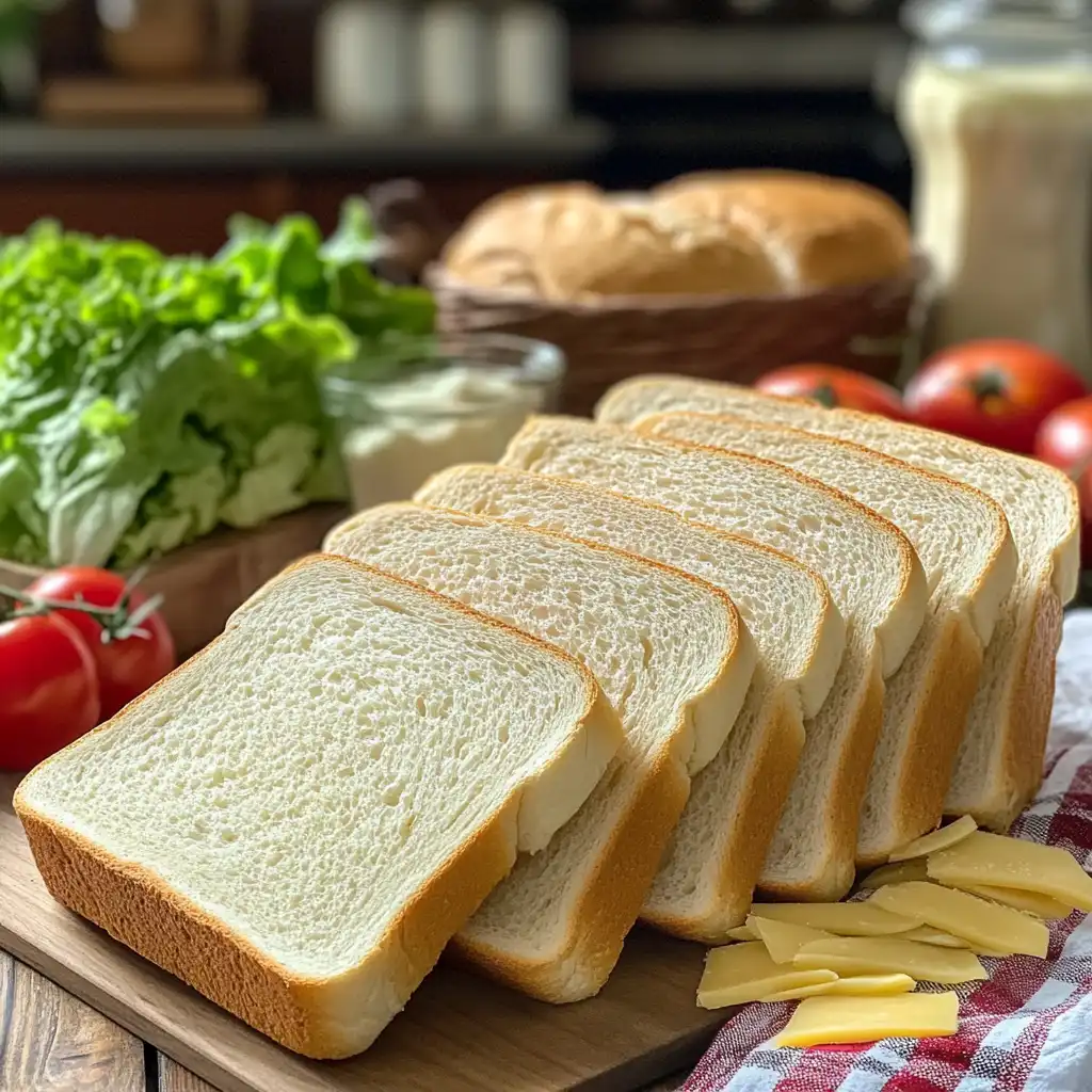 A loaf of sandwich bread sliced and ready for sandwiches, with ingredients like lettuce, tomato, and cheese nearby.
