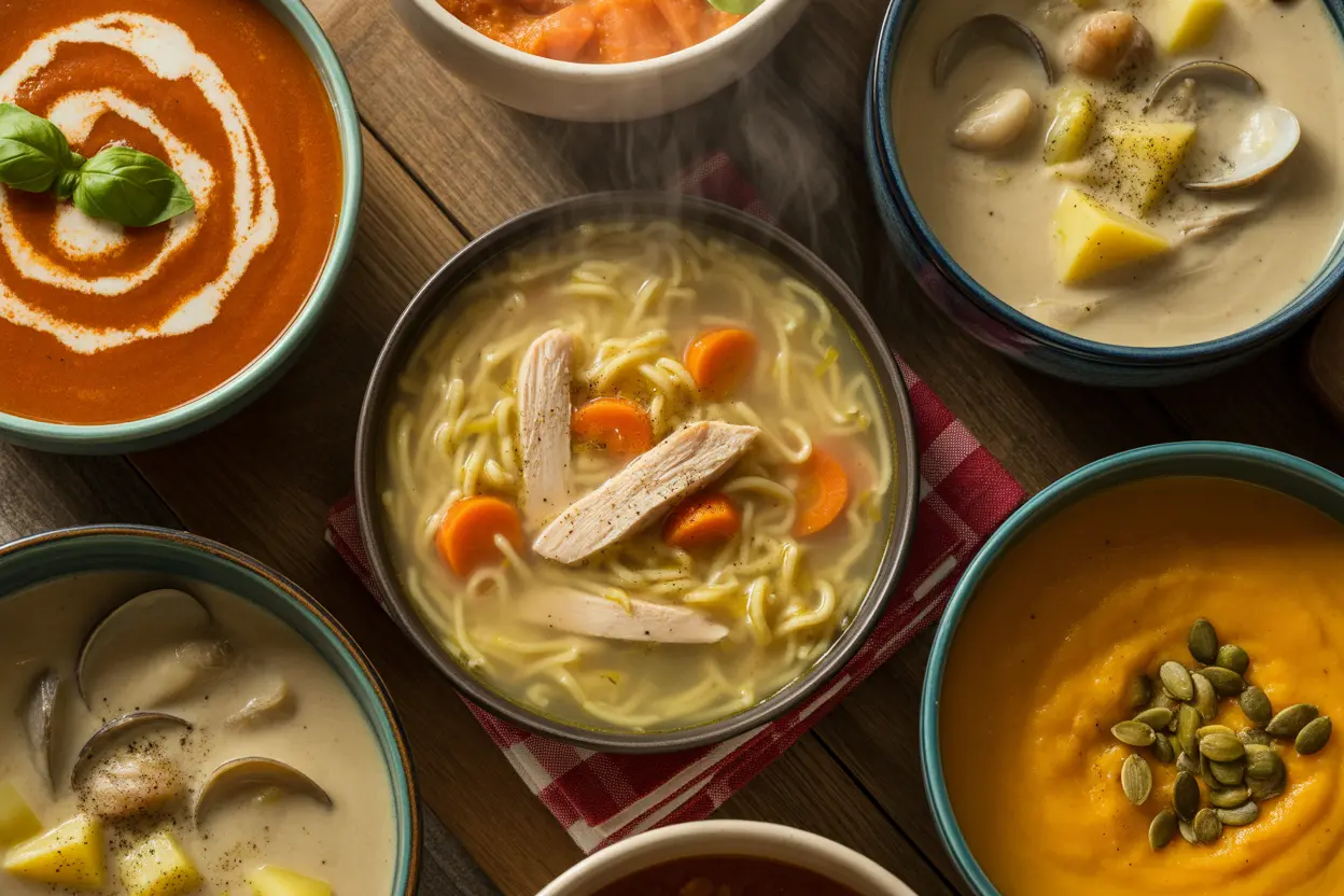 A comforting collection showcasing some of the most popular soups in America, from classic chicken noodle to regional favorites.