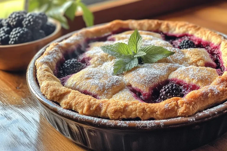 Freshly baked blackberry cobbler with a golden flaky crust and bubbling blackberry filling.