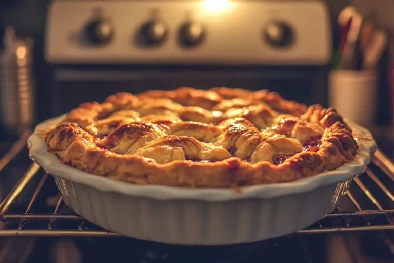 Freshly baked cobbler with golden brown topping and bubbling fruit edges in a cozy kitchen.