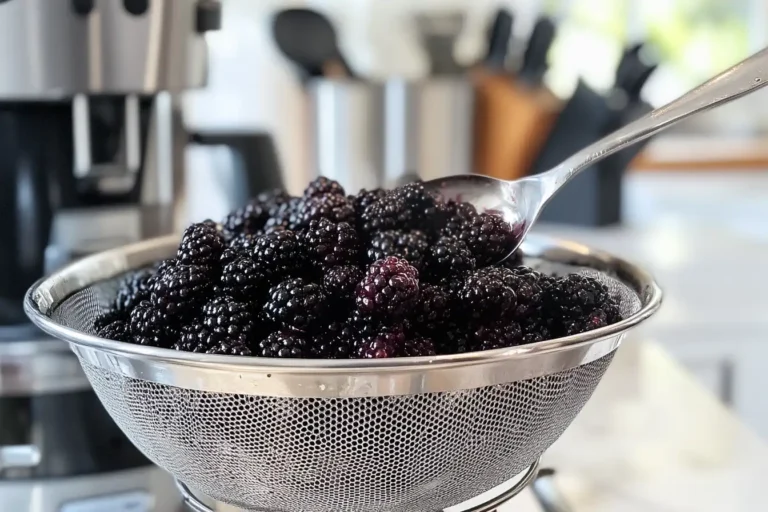 Blackberries being strained through a sieve, with seeds separated from the juice and pulp.