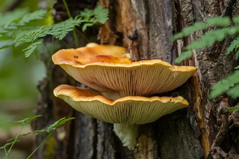 Close-up of a Chicken of the Woods mushroom growing on a tree in a forest.
