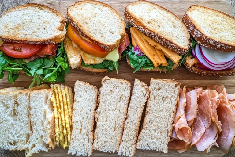 Various types of bread for sandwiches including sourdough, whole wheat, and white bread, arranged on a wooden board.