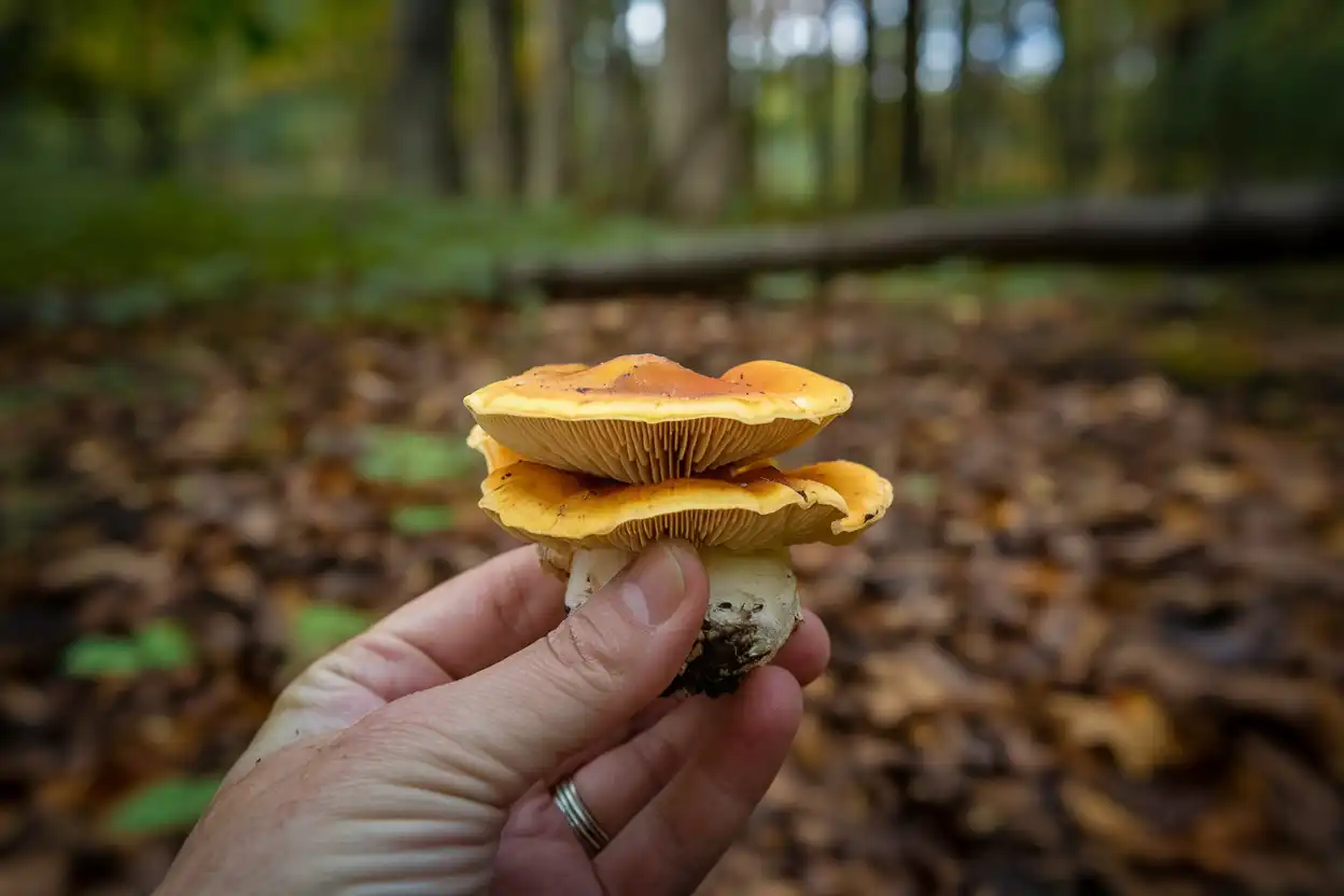 Forager’s hand holding a freshly harvested Chicken of the Woods mushroom with forest floor in the background.
