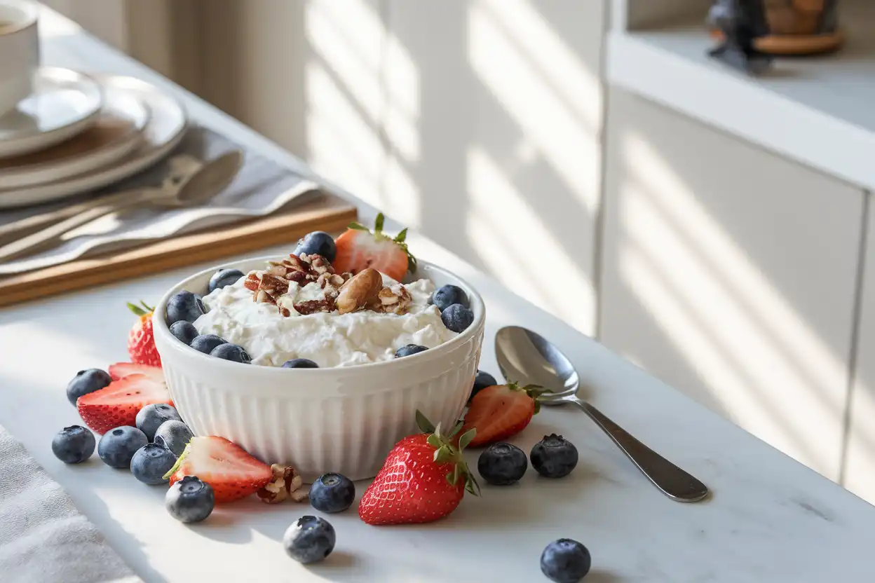 Cottage cheese in a white bowl with fresh fruit and nuts