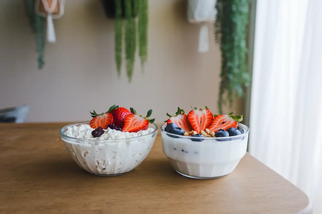 Bowl of cottage cheese and a bowl of Greek yogurt with fruit and nuts on a wooden table