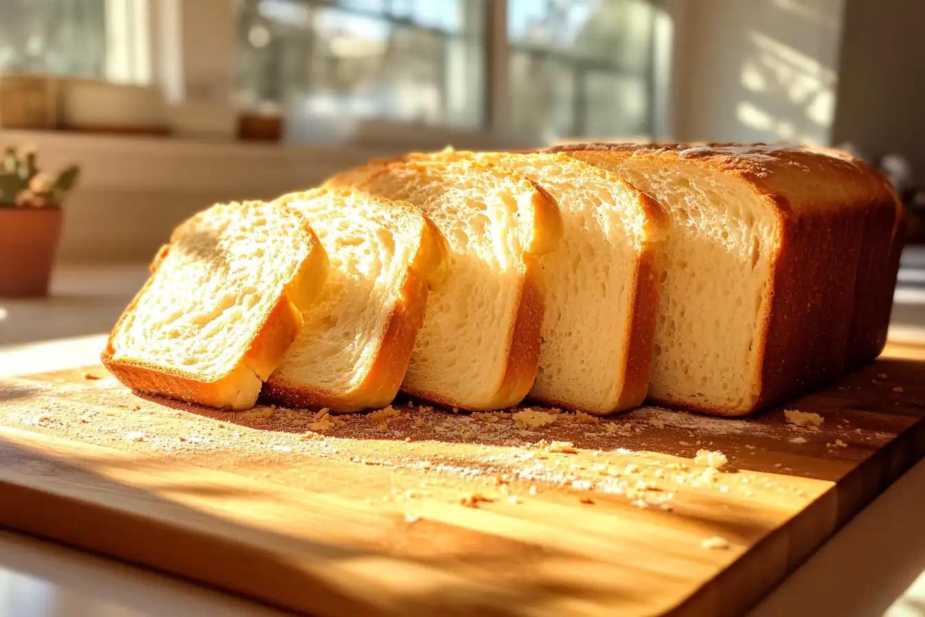 Freshly baked homemade sandwich bread sliced on a wooden board in warm natural light.