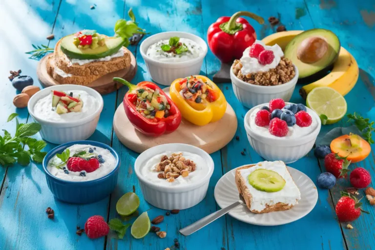 Various creative ways to use cottage cheese in savory and sweet recipes arranged on a rustic table