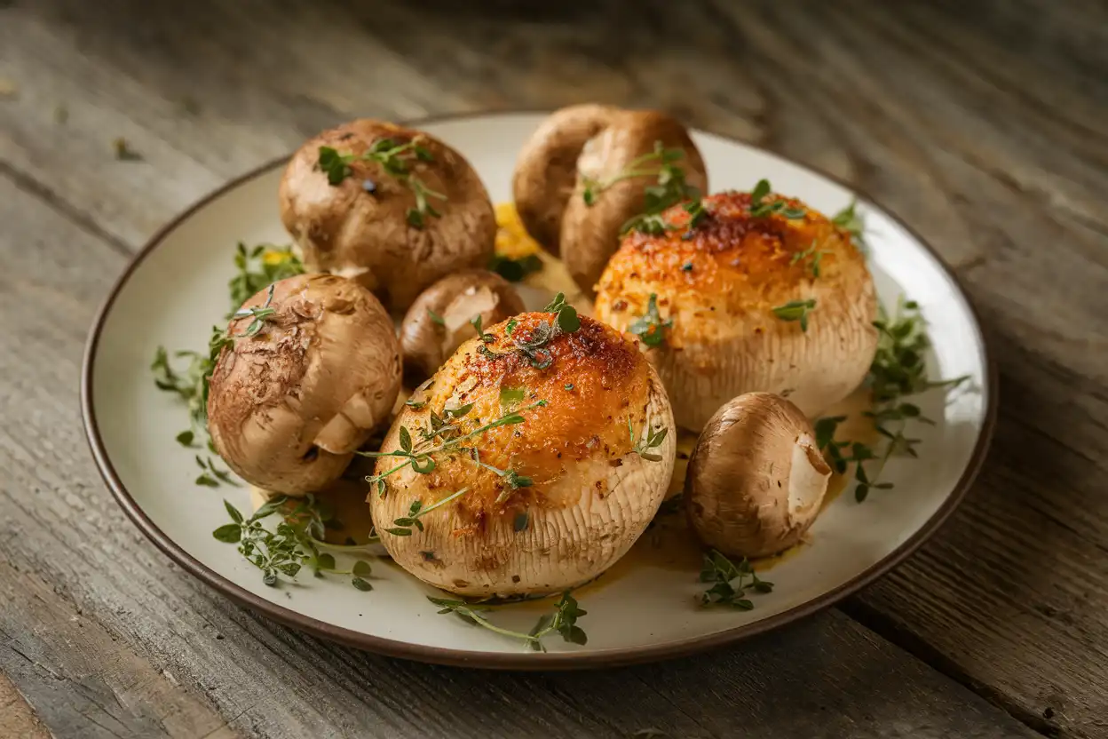Cooked Chicken of the Woods mushroom dish on a white plate garnished with herbs