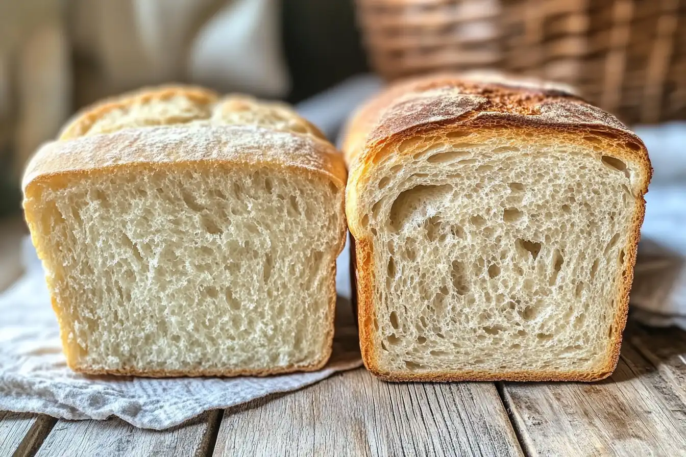 Close-up of sandwich bread and artisan bread side by side, showing the soft texture of sandwich bread and the crusty exterior of artisan bread.