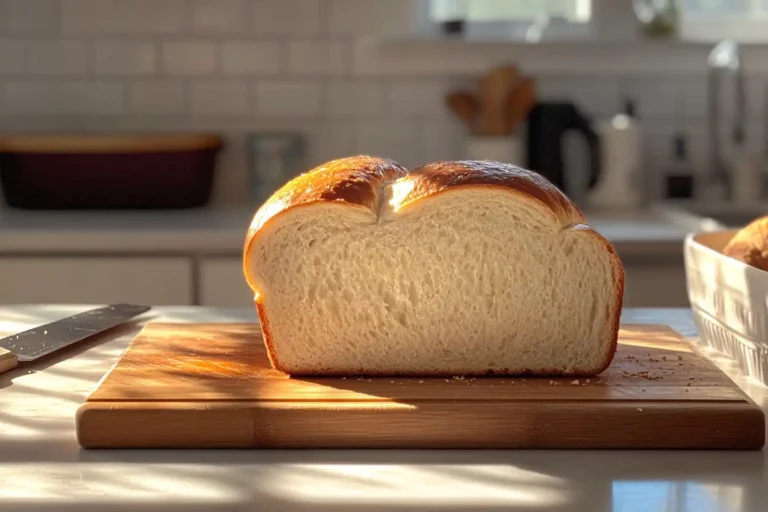Freshly baked sandwich bread with a golden crust, sliced on a cutting board, displaying a soft, airy texture.