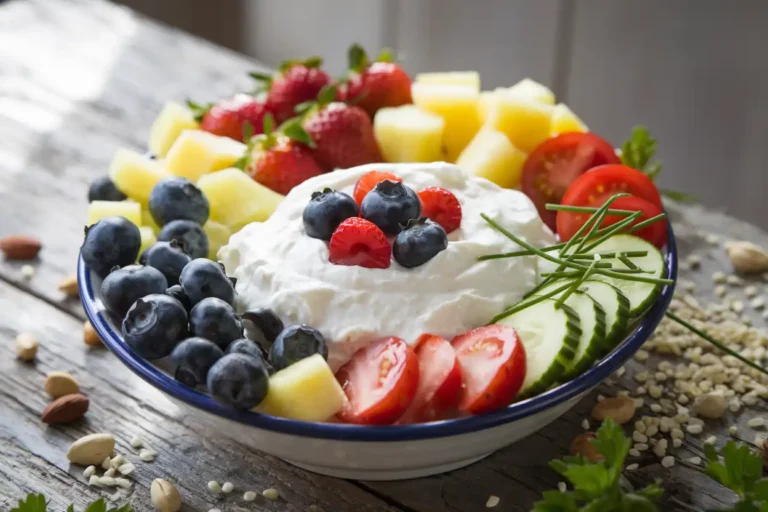Bowl of cottage cheese topped with fresh fruits and vegetables, showing sweet and savory mix-ins.