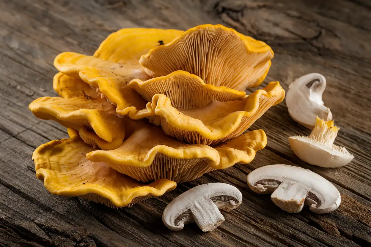 Chicken of the Woods mushrooms on a rustic surface with vibrant yellow-orange color, prepped for cooking.