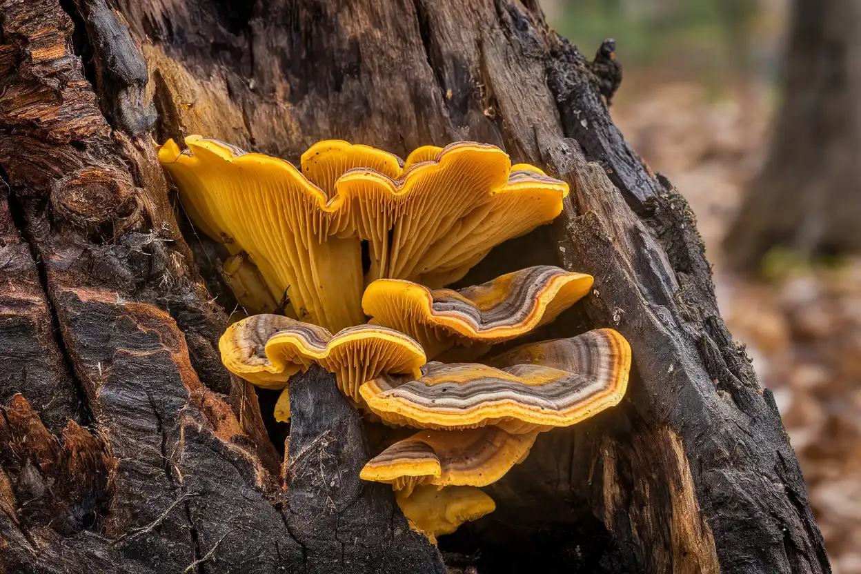 Close-up of a vibrant Chicken of the Woods mushroom on a tree trunk in a forest.