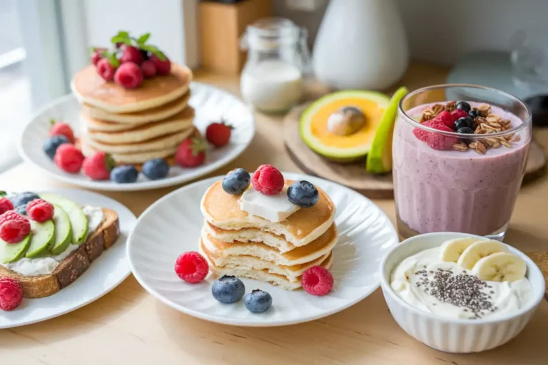 Breakfast spread featuring cottage cheese pancakes, toast with avocado, smoothie bowl, and fruit