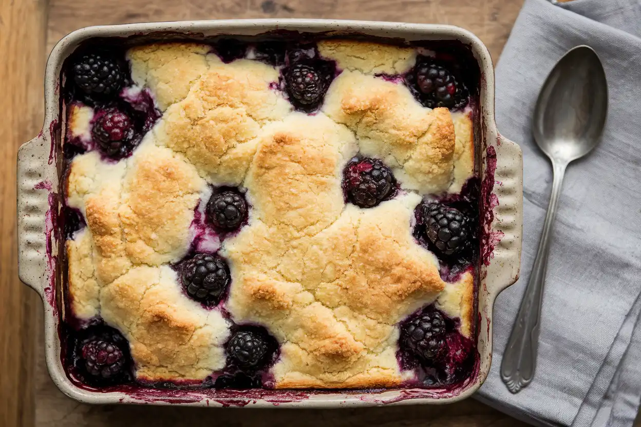 Freshly baked old-fashioned blackberry cobbler with golden crust and bubbling blackberries