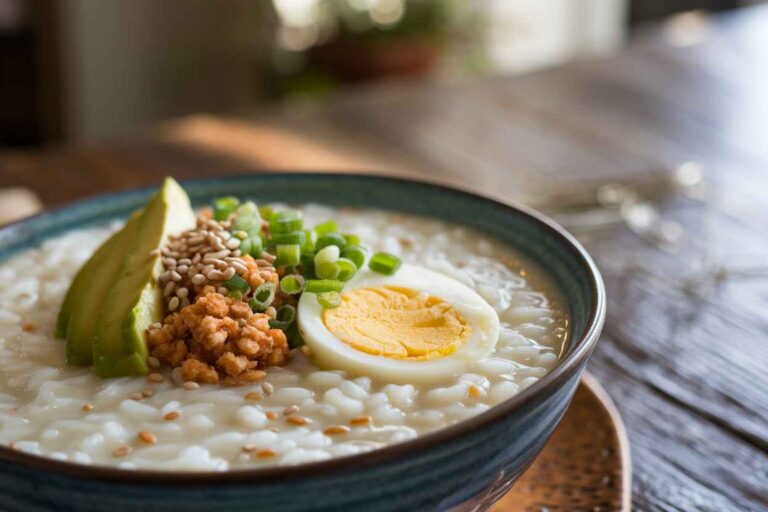 A close-up of a bowl of rice porridge with avocado, egg, and green onions.
