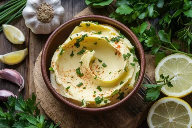 A rustic bowl of cowboy butter with herbs, spices, garlic, and lemon slices