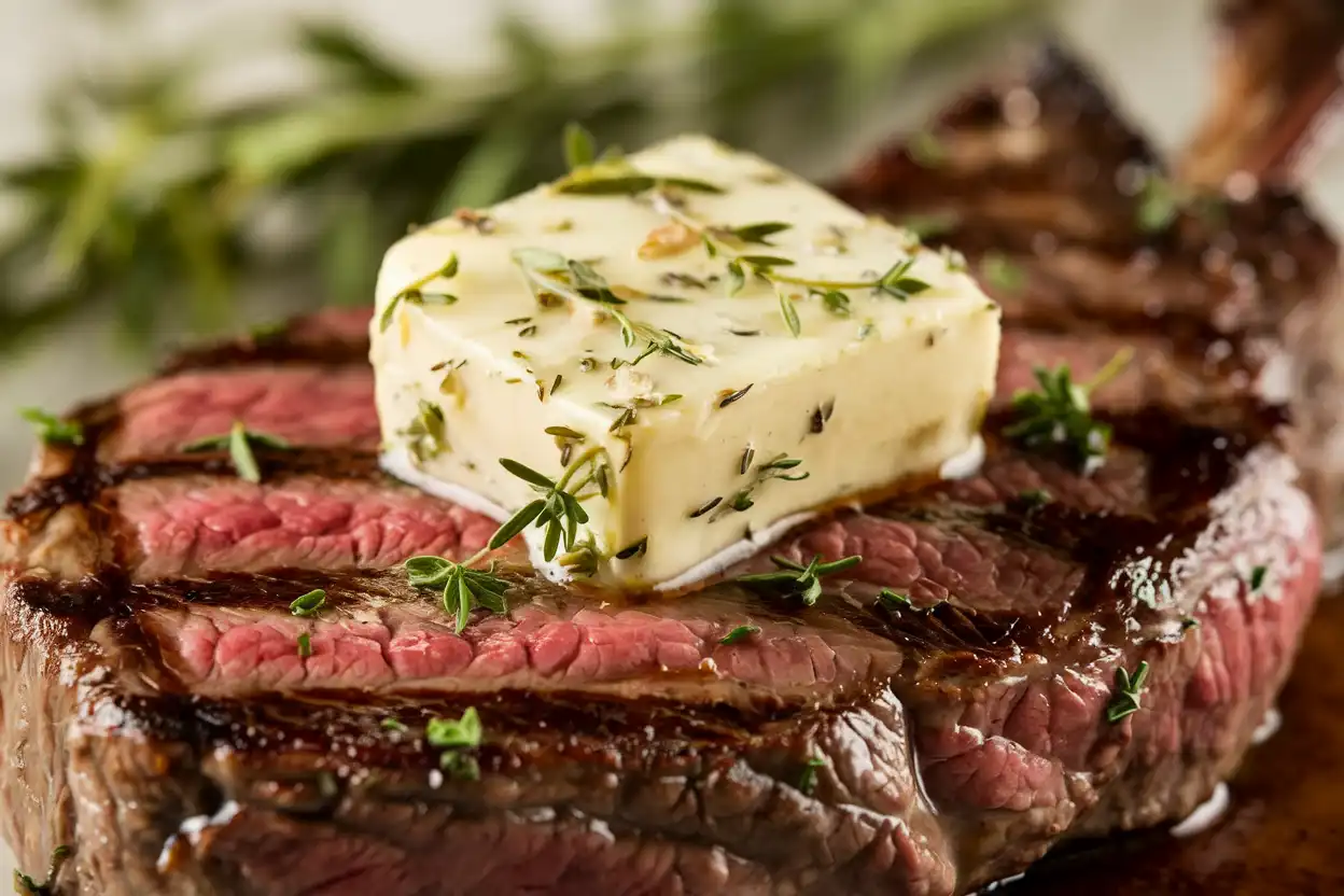 Close-up of medium-rare steak with melting herb compound butter