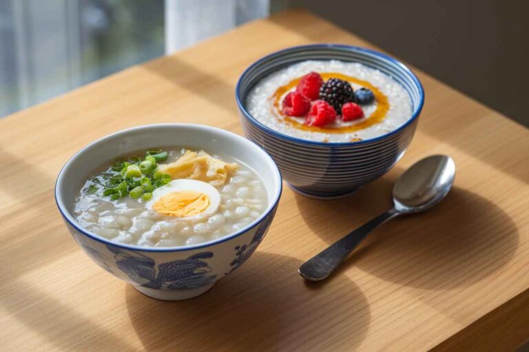 Close-up of a bowl of congee with savory toppings and a bowl of rice porridge with berries