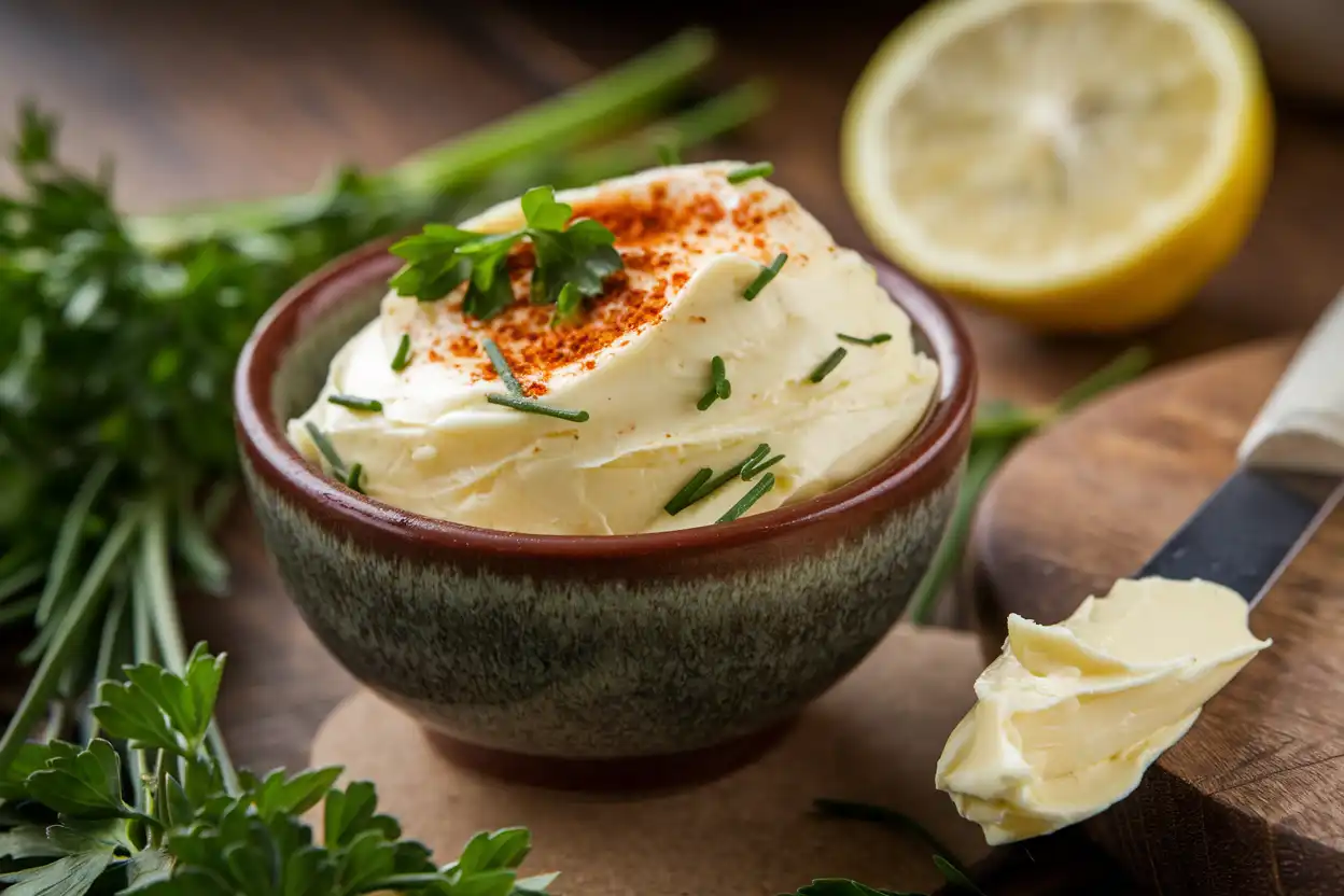 Close-up of cowboy butter in a rustic bowl with fresh herbs