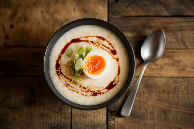 Creamy rice porridge topped with green onions, a soft-boiled egg, sesame seeds, and soy sauce on a rustic table.