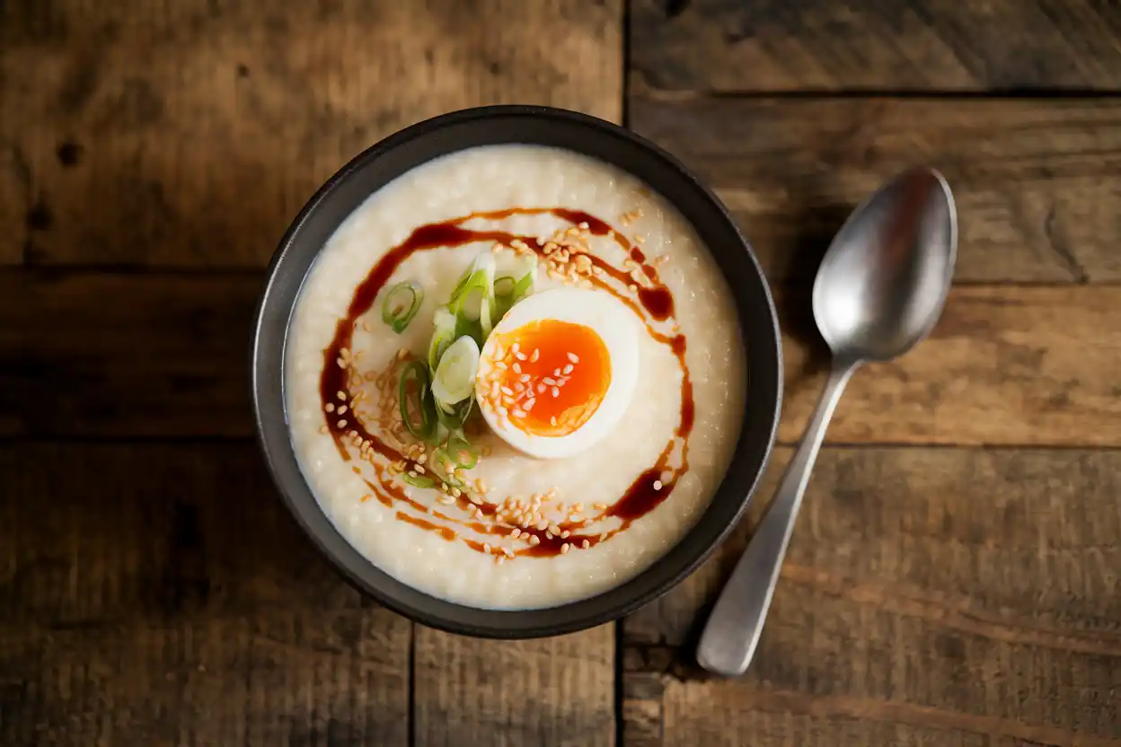 Creamy rice porridge topped with green onions, a soft-boiled egg, sesame seeds, and soy sauce on a rustic table.