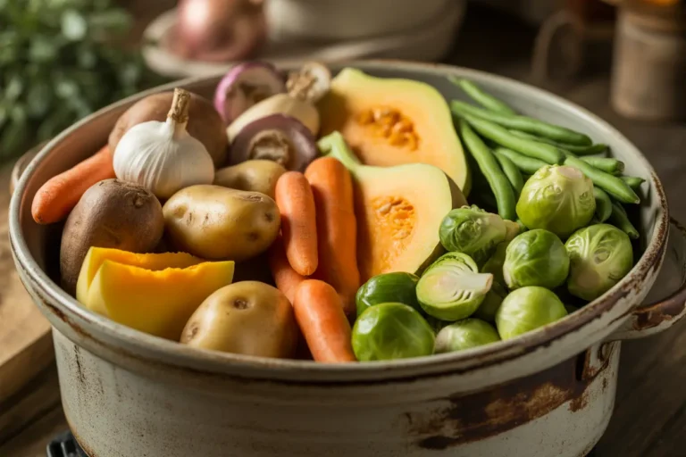 Assortment of best vegetables for slow cooker recipes including root vegetables, winter squash, and sturdy greens in a ceramic slow cooker