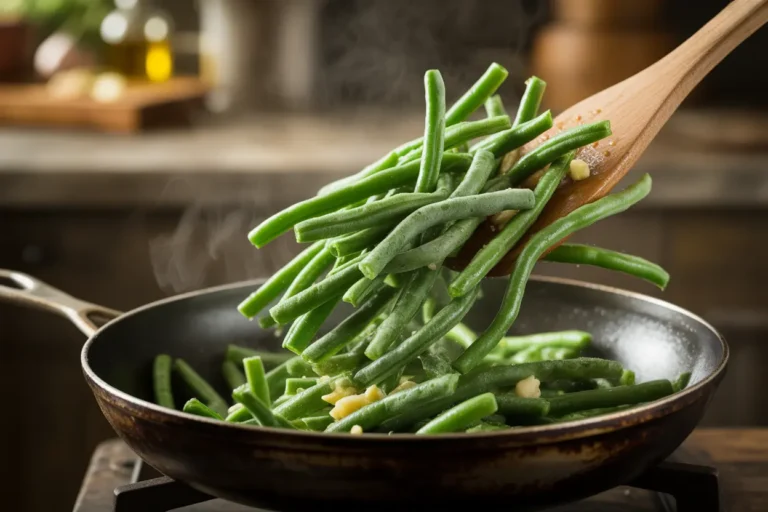 A close-up of frozen green beans being sautéed in a hot skillet, showing the process of cooking without thawing.