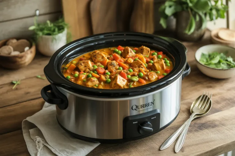 Slow cooker with Quorn pieces and vegetables cooking in a flavorful vegetarian dish