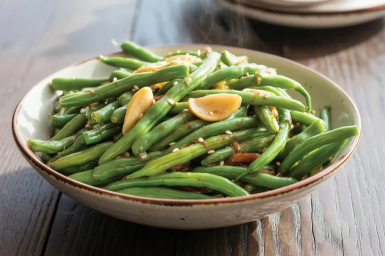 A close-up of a flavorful stir-fried frozen green bean dish with garlic and soy sauce in a ceramic bowl.