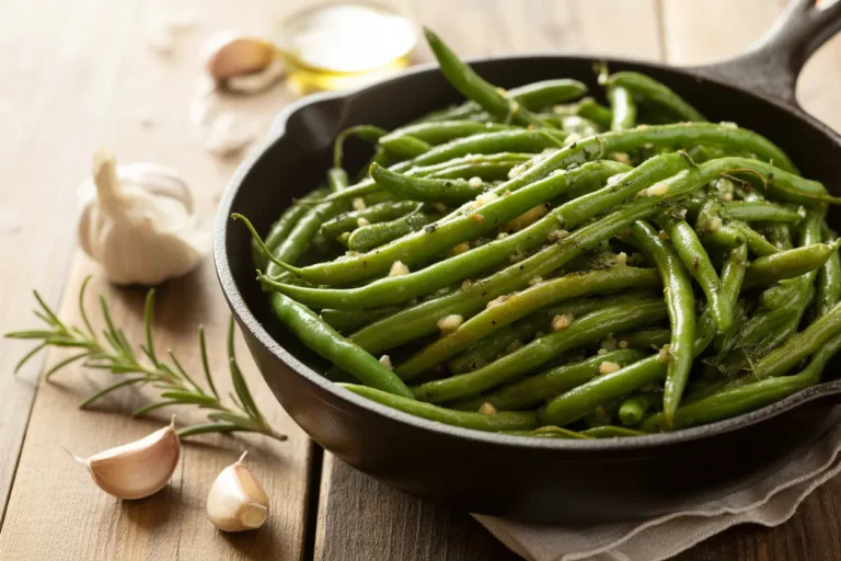 A skillet of delicious sautéed frozen green beans with garlic and Italian seasoning, a quick and easy recipe.