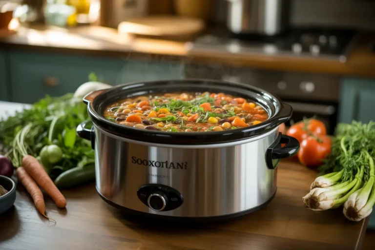 Slow cooker filled with colorful vegetarian stew surrounded by fresh vegetables in a warm kitchen setting