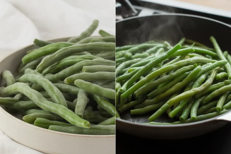 A visual comparison of soggy frozen green beans in a bowl versus crisp, properly cooked frozen green beans in a hot pan.