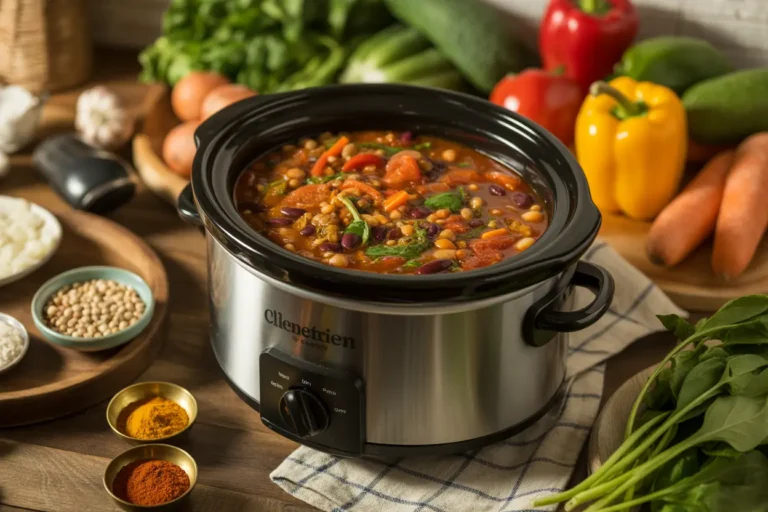 Slow cooker filled with colorful vegetarian chili surrounded by fresh vegetables and spices