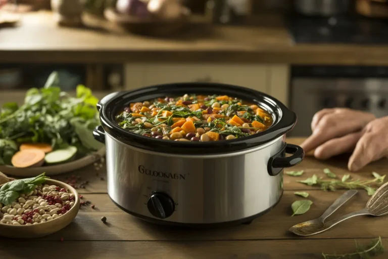Slow cooker filled with colorful vegetarian stew including sweet potatoes, beans, and leafy greens surrounded by fresh vegetables and spices