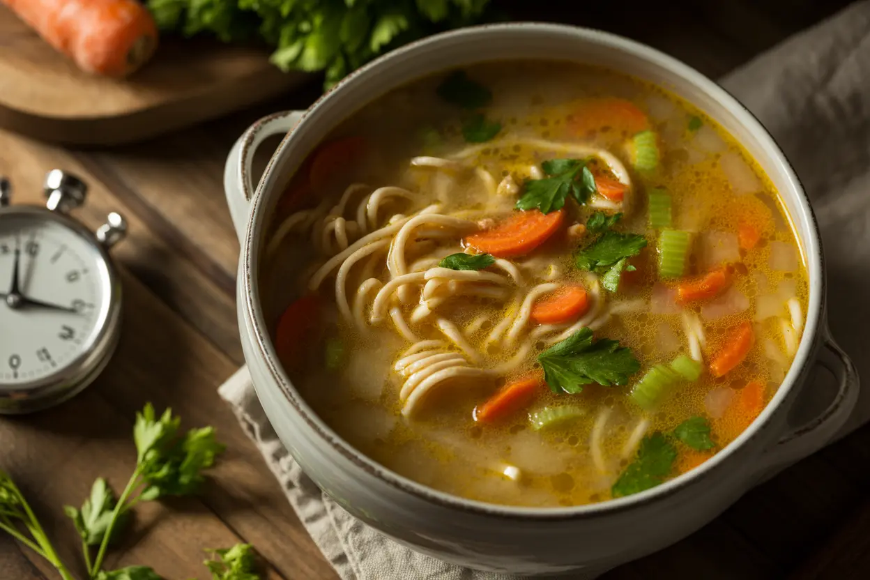 A warm, steaming bowl of a quick 30-minute soup recipe, filled with fresh vegetables and noodles, perfect for busy days.