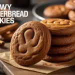 A stack of chewy gingerbread cookies with a warm golden glow