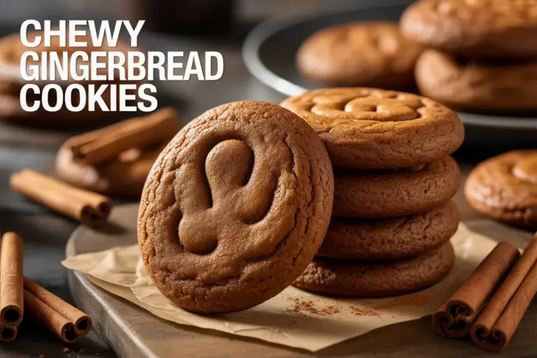 A stack of chewy gingerbread cookies with a warm golden glow