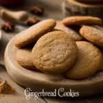 Professional photo of golden-brown chewy gingerbread cookies dusted with powdered sugar, arranged on a rustic wooden board with cinnamon sticks and molasses.