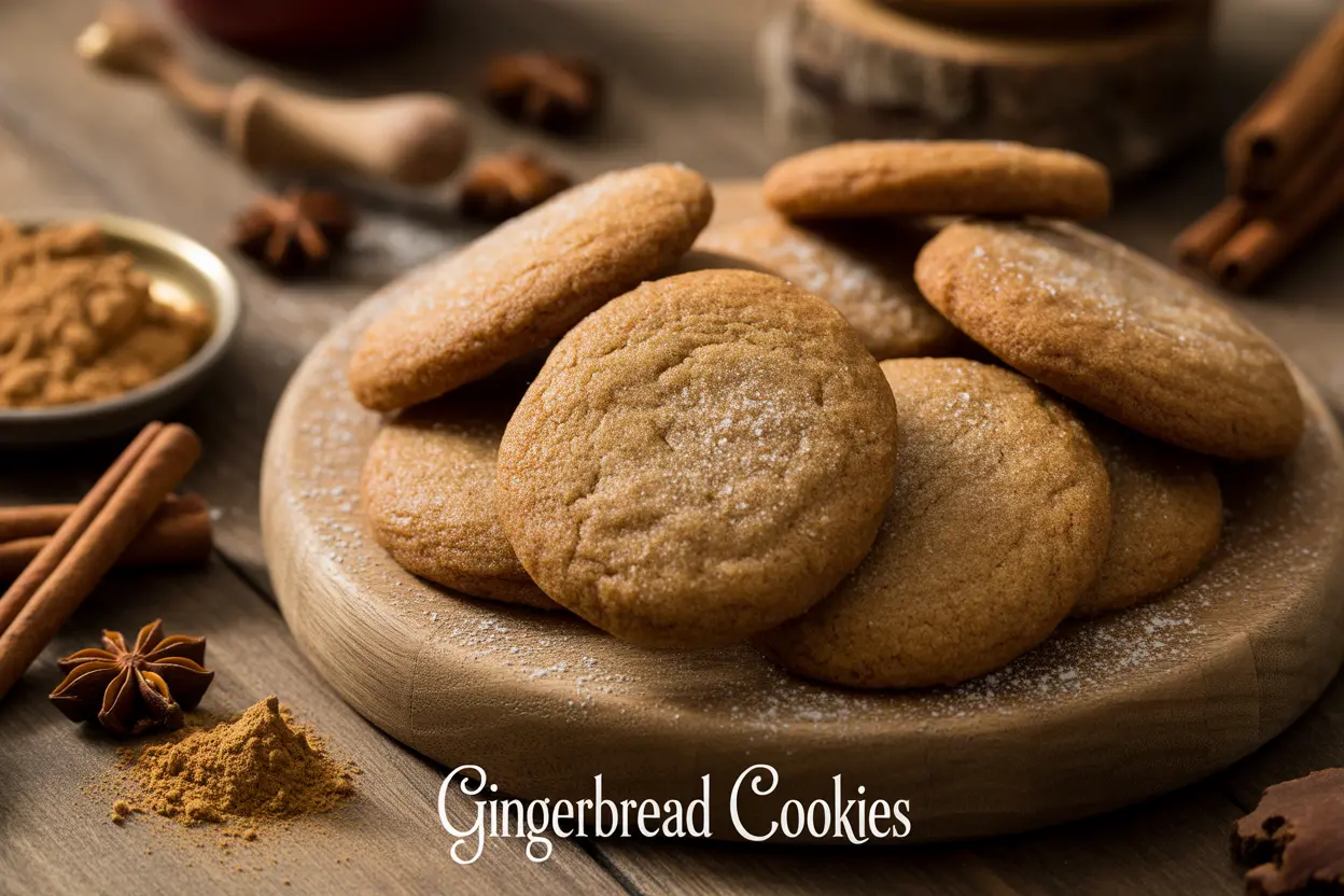 Professional photo of golden-brown chewy gingerbread cookies dusted with powdered sugar, arranged on a rustic wooden board with cinnamon sticks and molasses.