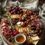 A charcuterie board arranged like a Christmas tree with various meats, cheeses, fruits, and nuts