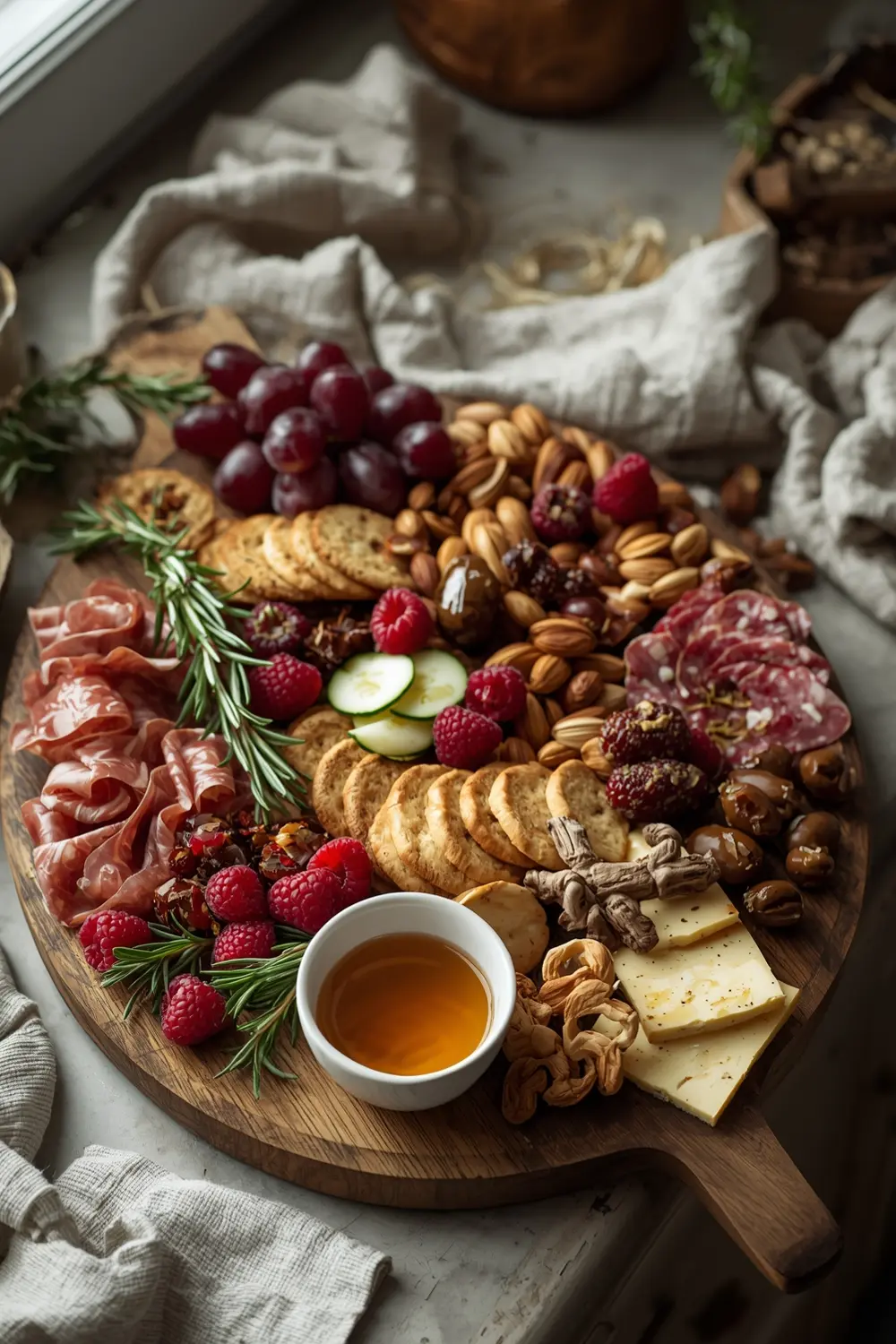 A charcuterie board arranged like a Christmas tree with various meats, cheeses, fruits, and nuts