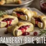 A close-up of cranberry brie bites on a serving platter, with fresh rosemary sprigs and a side of cranberry sauce