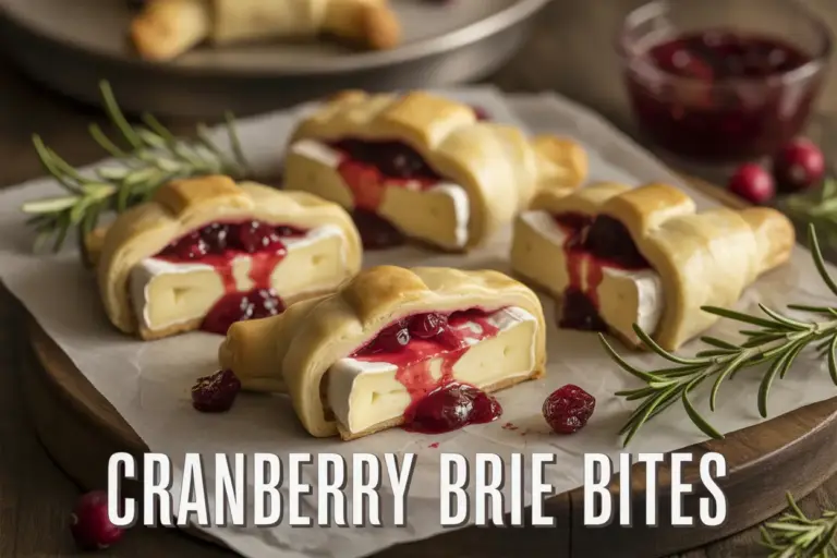 A close-up of cranberry brie bites on a serving platter, with fresh rosemary sprigs and a side of cranberry sauce