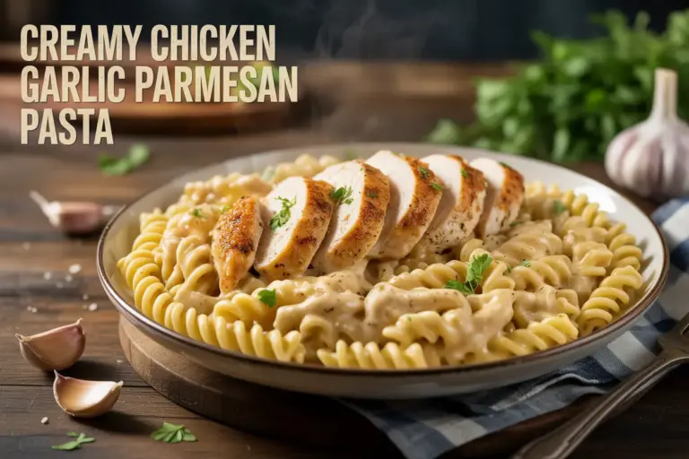 A plate of creamy garlic parmesan pasta with chicken and parsley