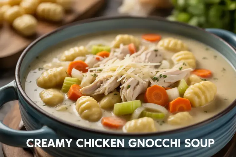 A warm and creamy bowl of chicken gnocchi soup with vegetables and parmesan cheese